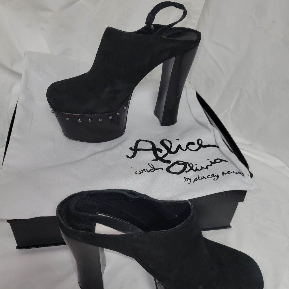 Alice   Olivia Tamson Black Suede Clog. Ultra High Chunky Silver Studded